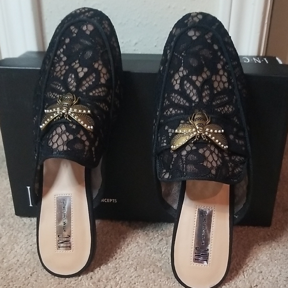 INC International Concepts Black and Gold Lace Mules